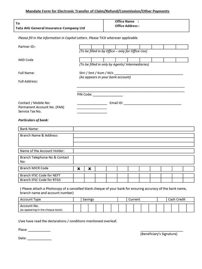 Tata AIG Electronic Payment Mandate Form | PDF | Payments | Cheque