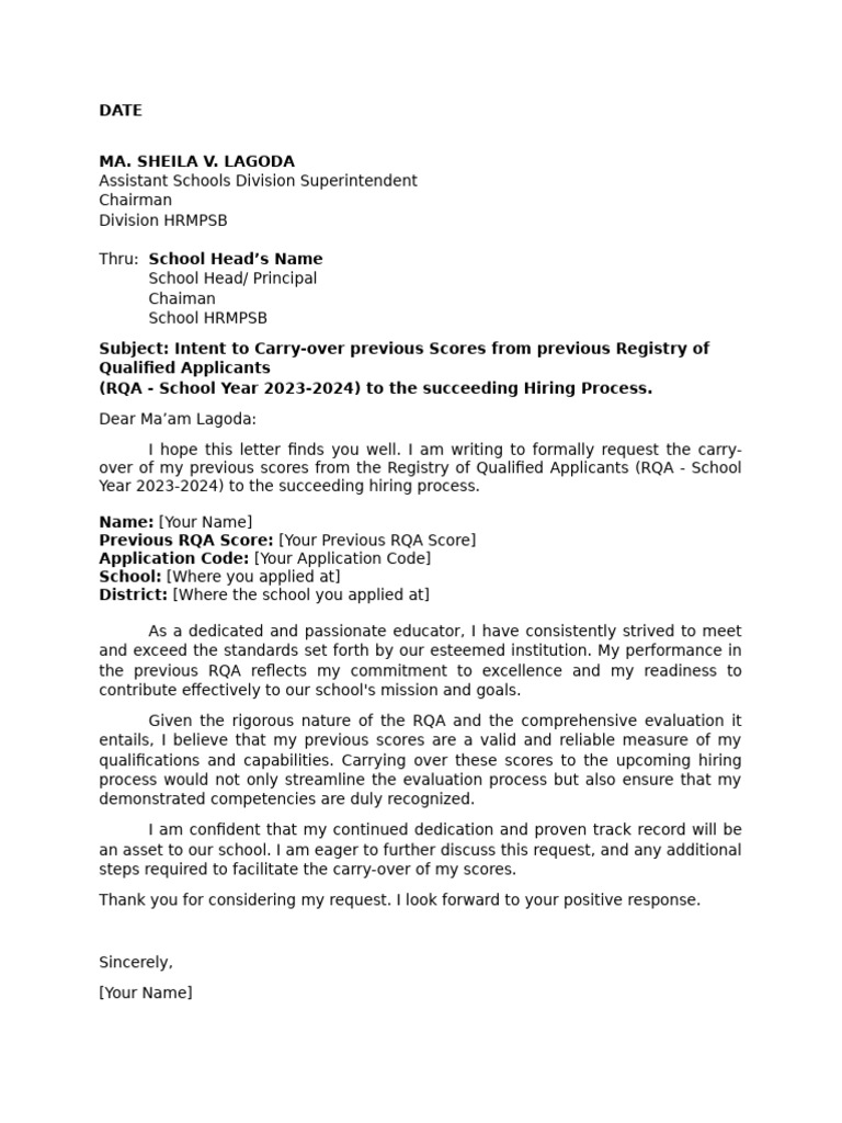 Request to Carry Over RQA Scores | PDF
