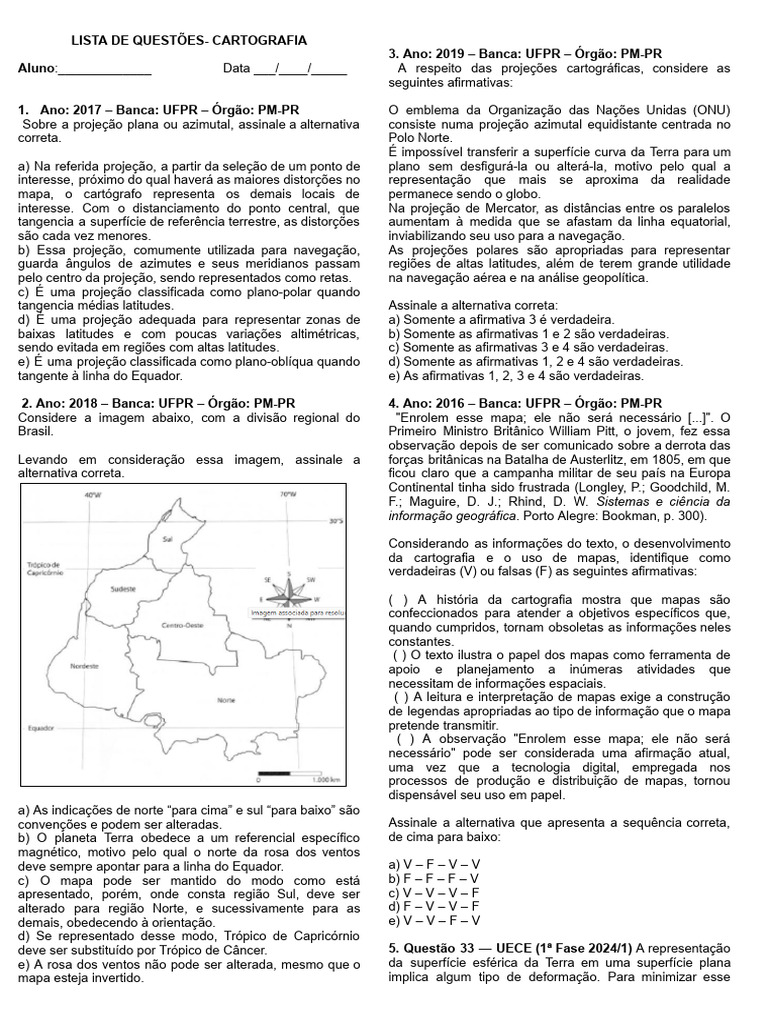 Questões sobre Projeções Cartográficas | PDF