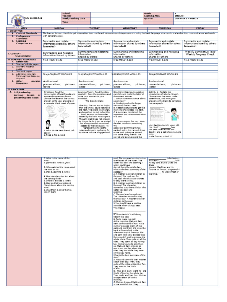 Weekly English Lesson Plan for Grade 3 | PDF | Whales