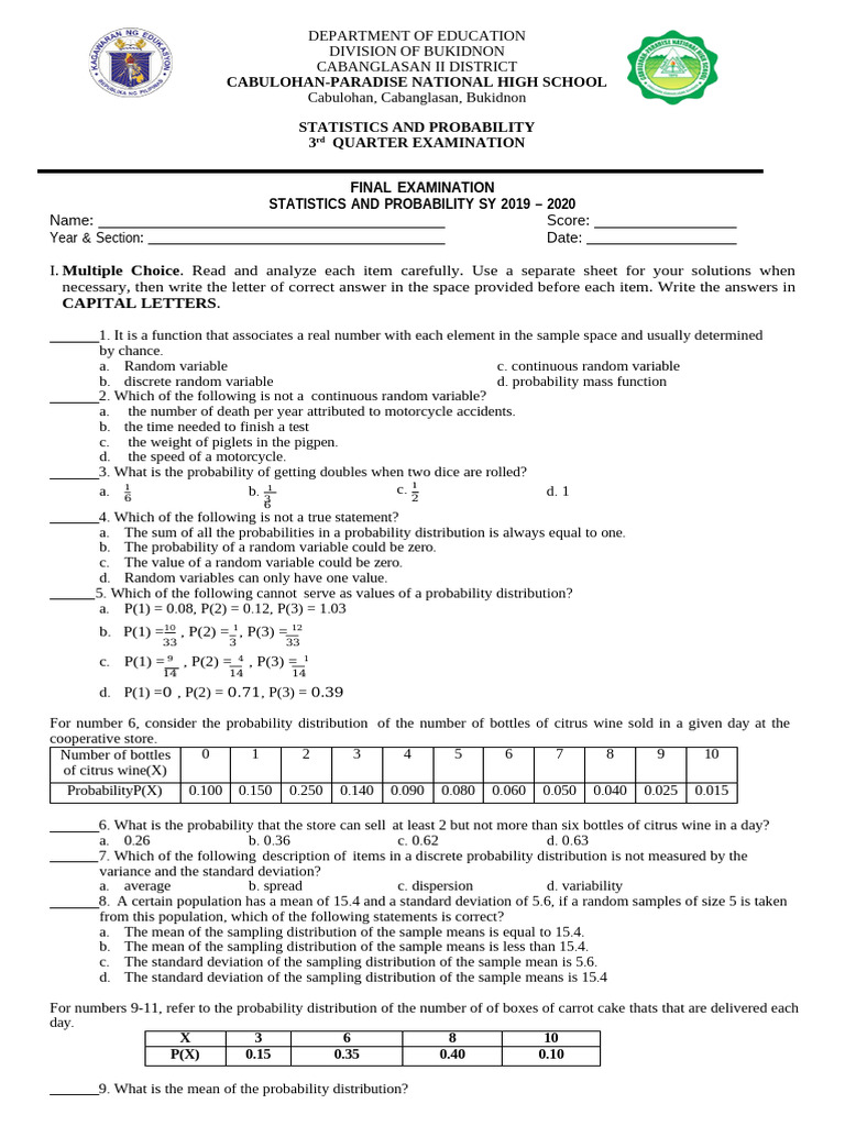 Final Periodical Test in Statistics and Probability | PDF | Confidence ...