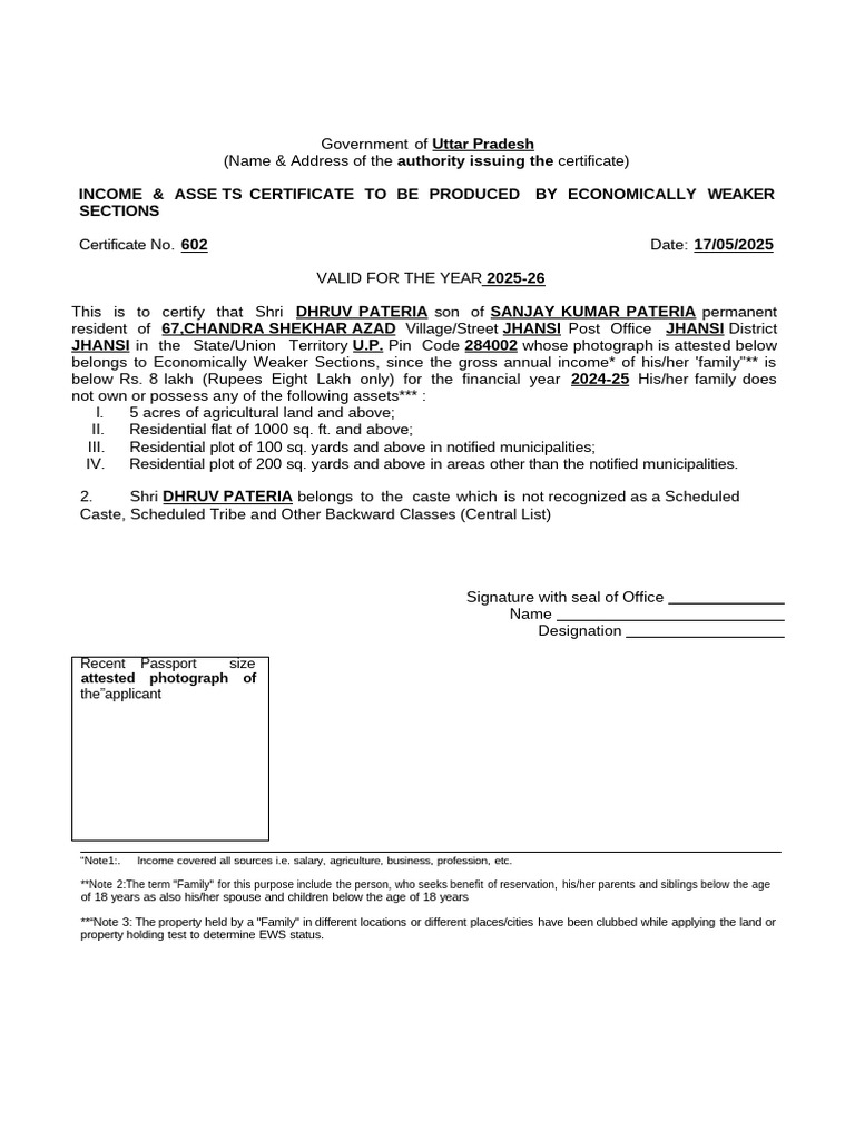 EWS Certificate Format for Uttar Pradesh | PDF