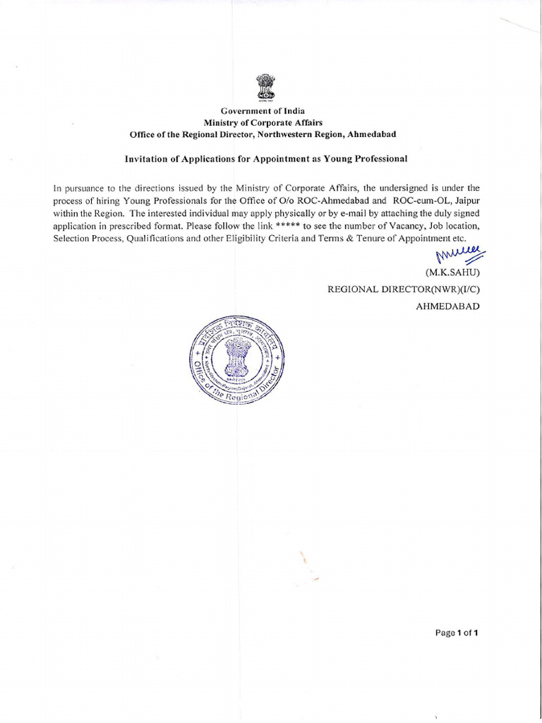 Mca Young Professionals Vacancy Pdf