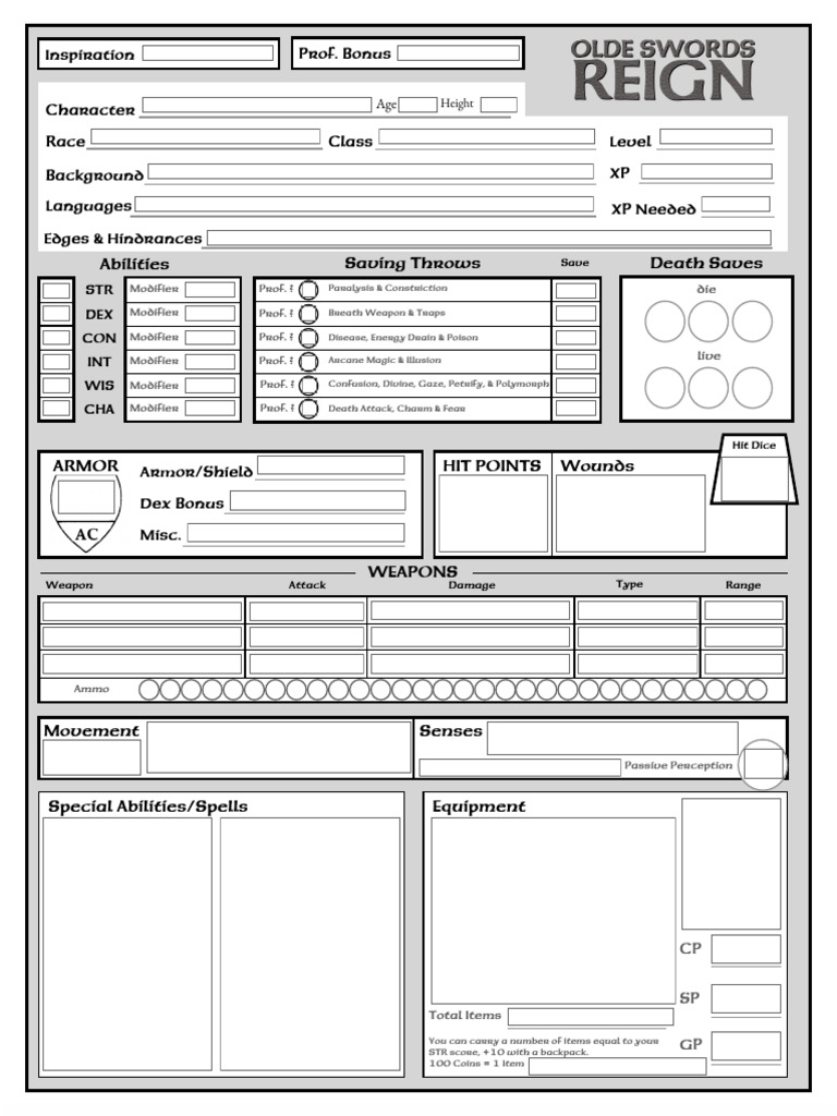 OSR - Character - Sheet - Fillable | PDF | Gaming | Tabletop Games