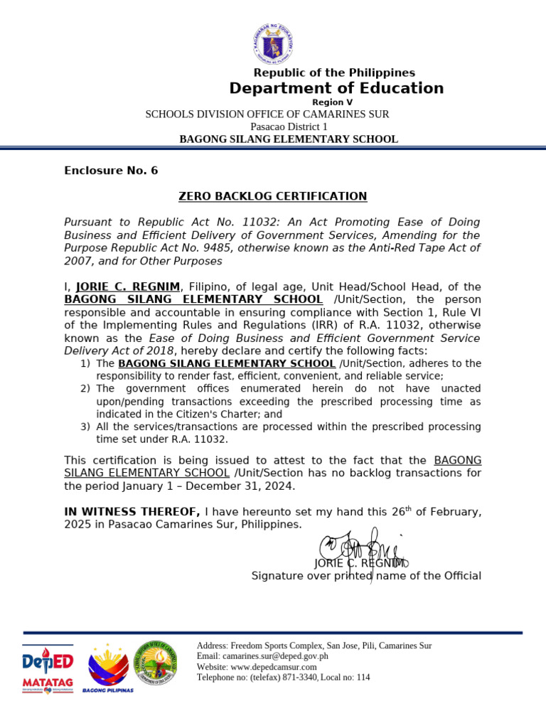 Zero Backlog Certification for School | PDF