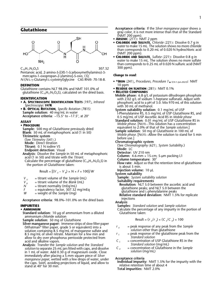 Glutathione USP Monograph Overview | PDF | Titration