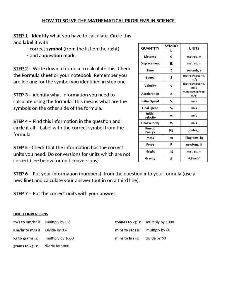 (Worksheet) 10SCI Math Problem Solving Strategies | PDF | Velocity ...