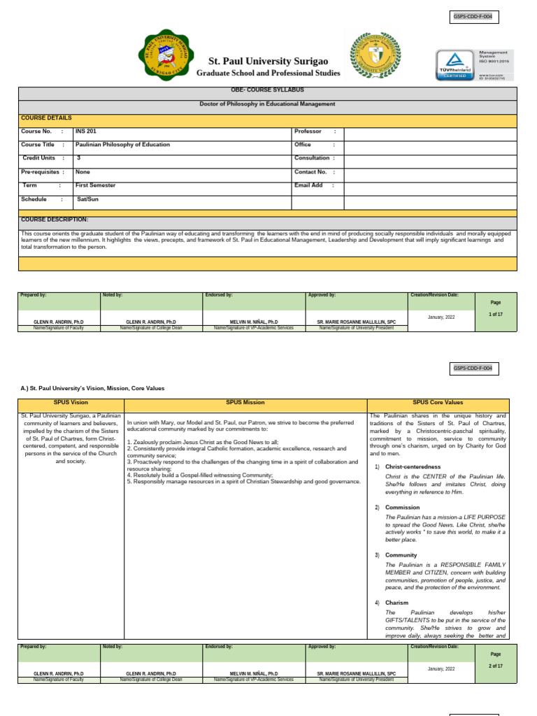 Paulinian Philosophy in Education Syllabus | PDF | Catholic Social Teaching