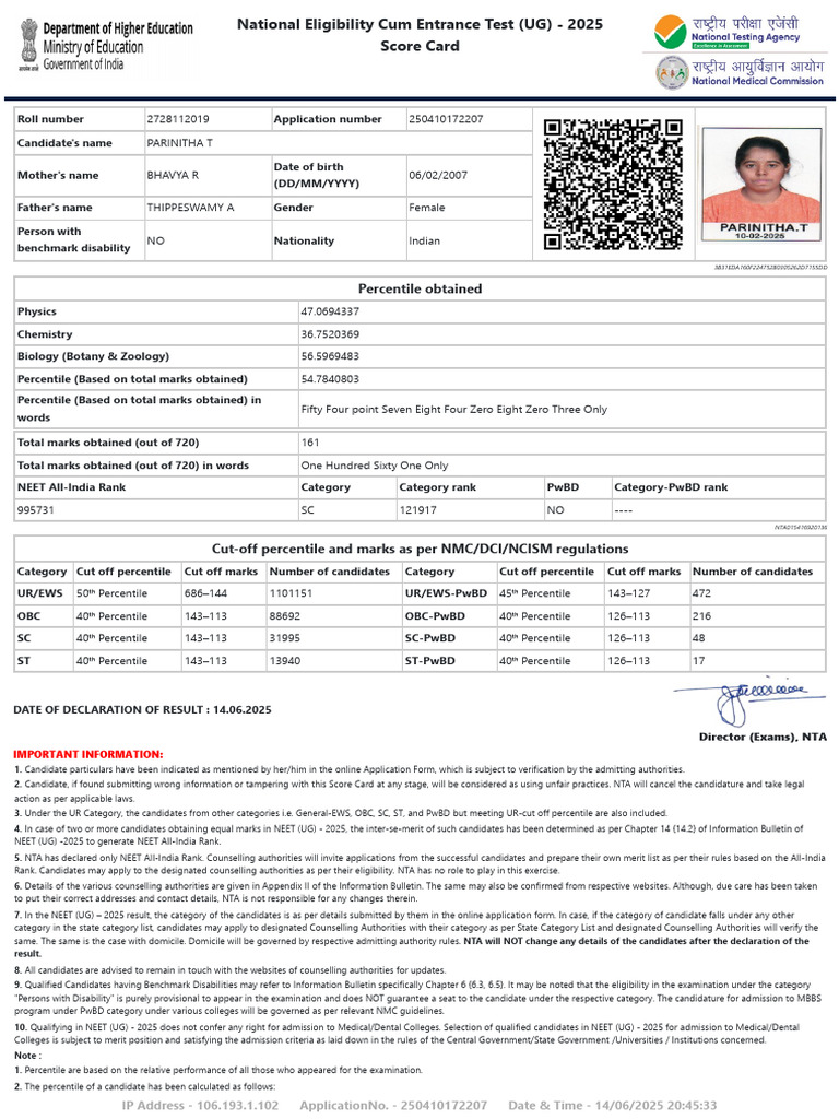 NEET UG 2025 Score Card Details | PDF | Qualifications | Student ...