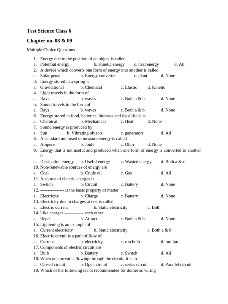 Test Science Class 6 Chap 8 & 9 | PDF | Series And Parallel Circuits ...