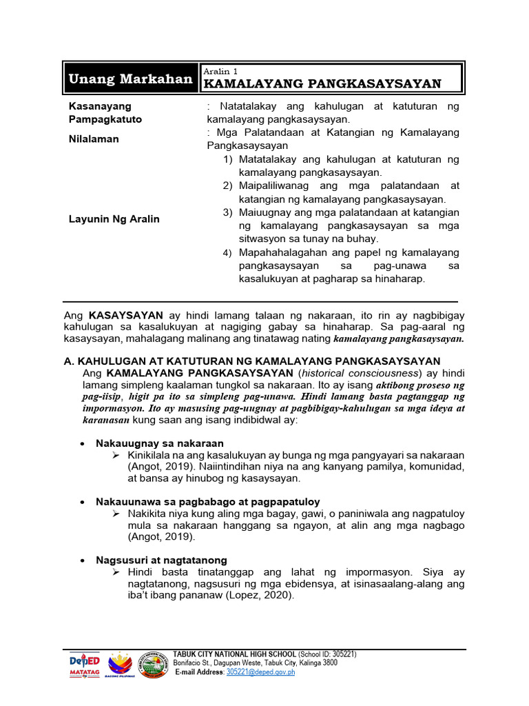 Aralin 1 Mga Palatandaan at Katangian NG Kamalayang Pangkasaysayan | PDF