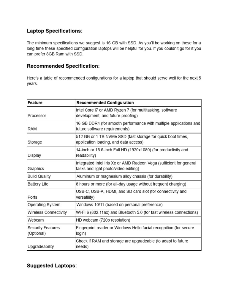 Laptop Specifications - Suggested Laptops - Removed - Pages | PDF