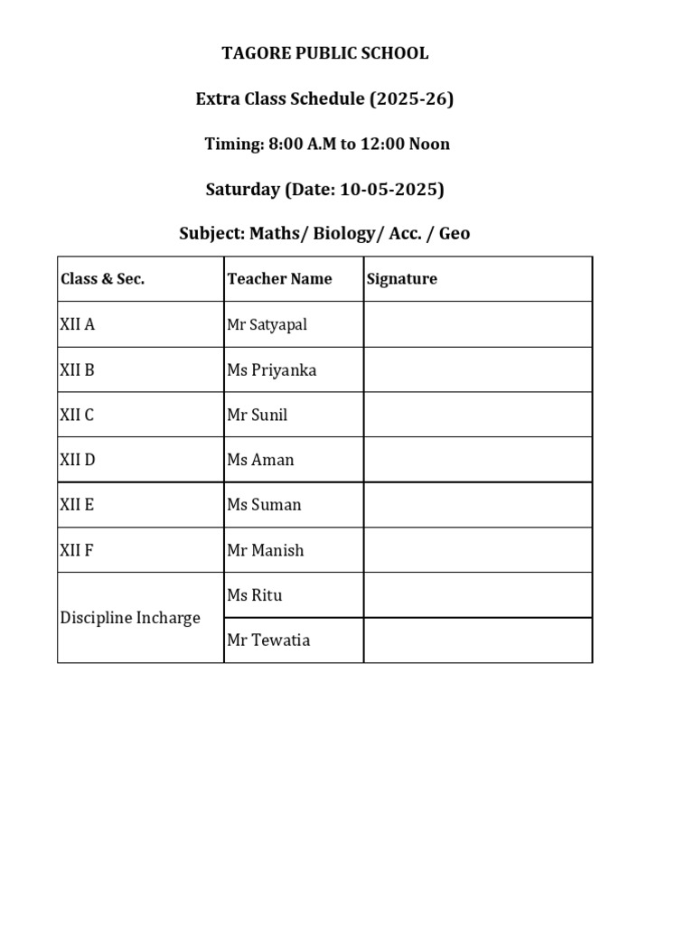 Extra Class Schedule for Students | PDF