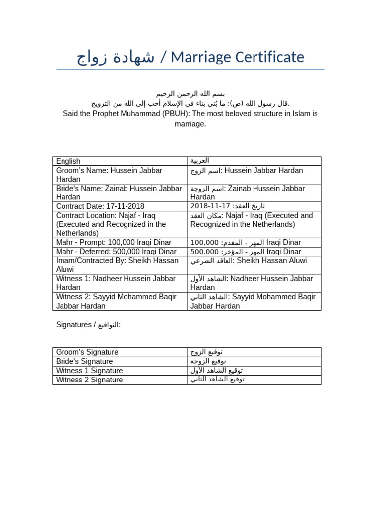 Iraqi Jaafari Marriage Certificate Bilingual | PDF