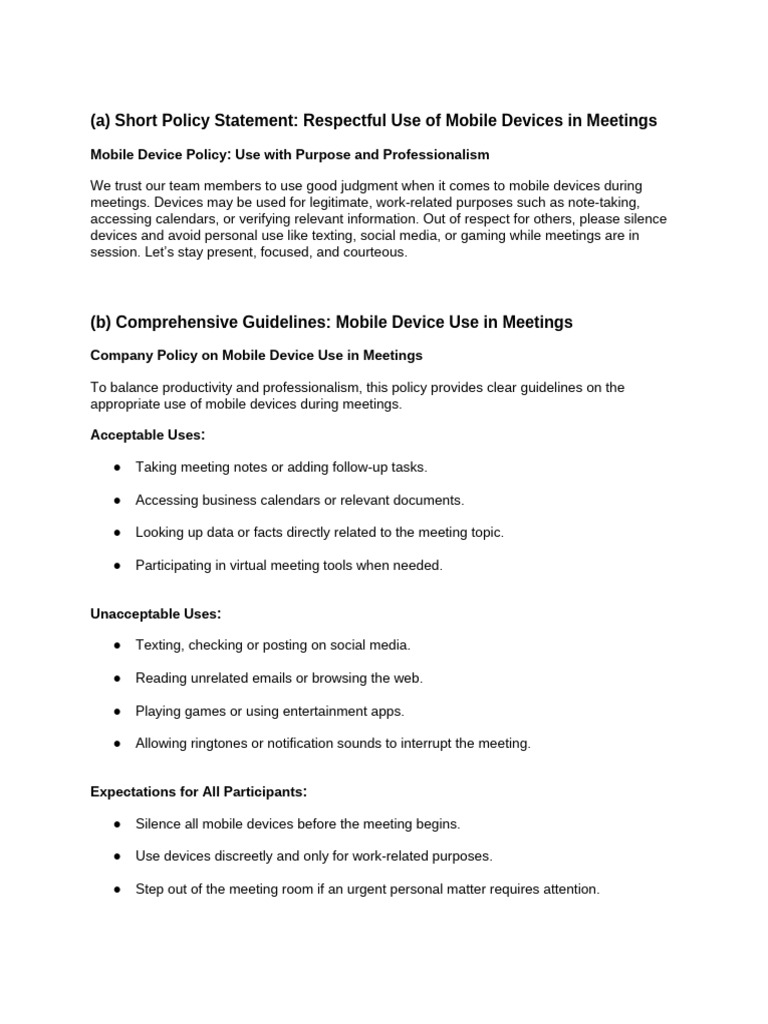 Mobile Device Use Policy for Meetings | PDF