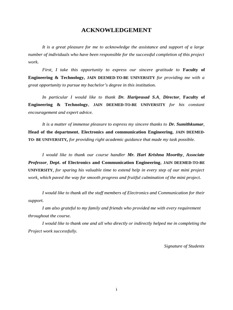 Acknowledgements for Project Completion | PDF