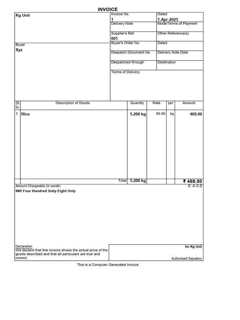 Invoice for Rice Purchase - ₹468.00 | PDF