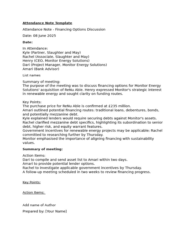 Attendance Note Financing Call | PDF