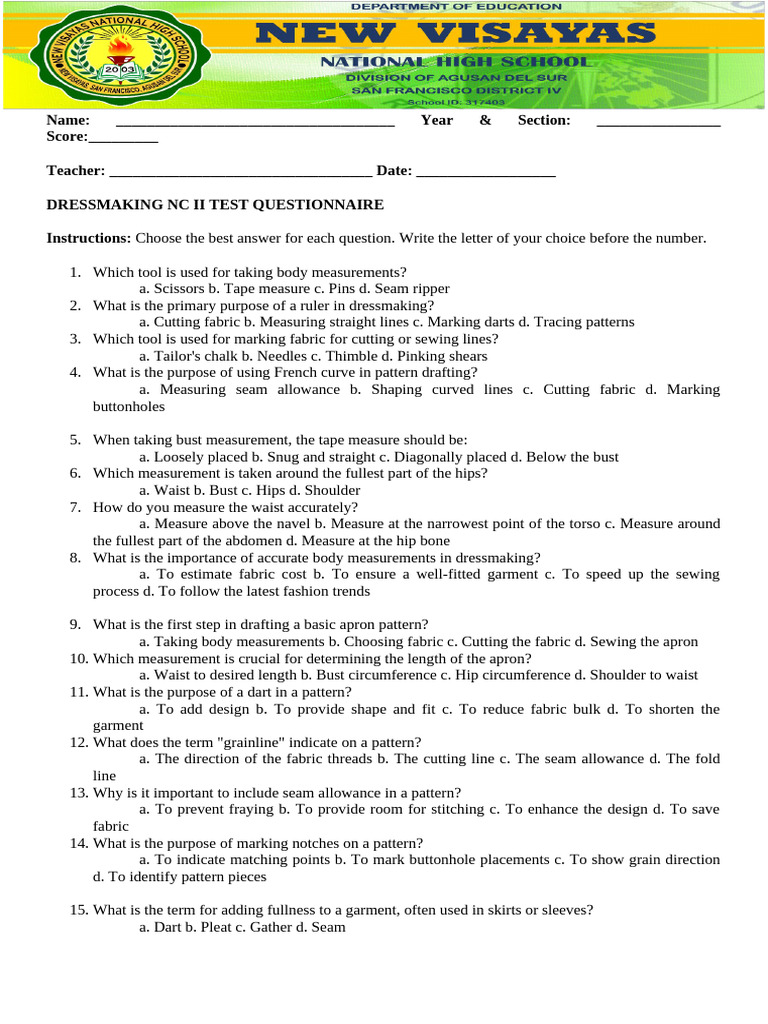 Dressmaking NC II Test Questionnaire | PDF | Seam (Sewing) | Sewing