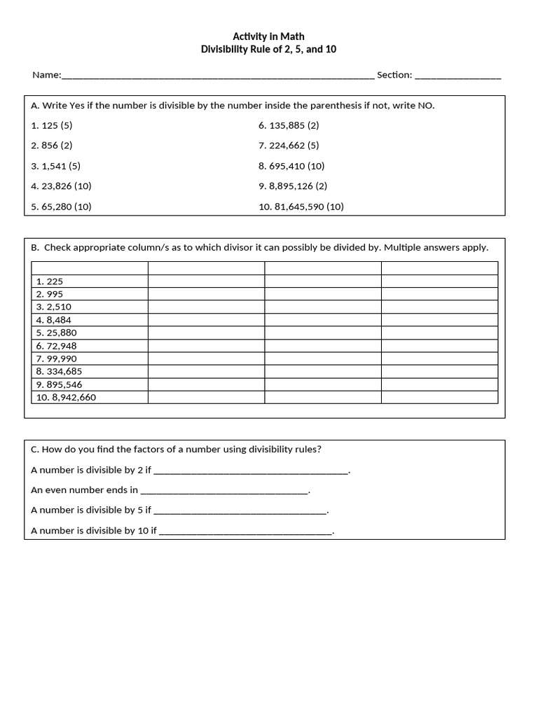 Activity in Math Divisibility 2, 5, 10 | PDF