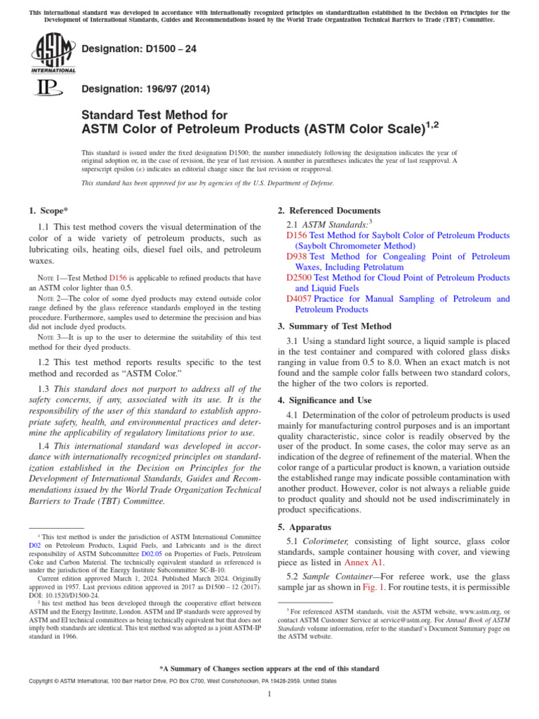 ASTM D1500 Color Test Method | PDF | Petroleum | Kerosene