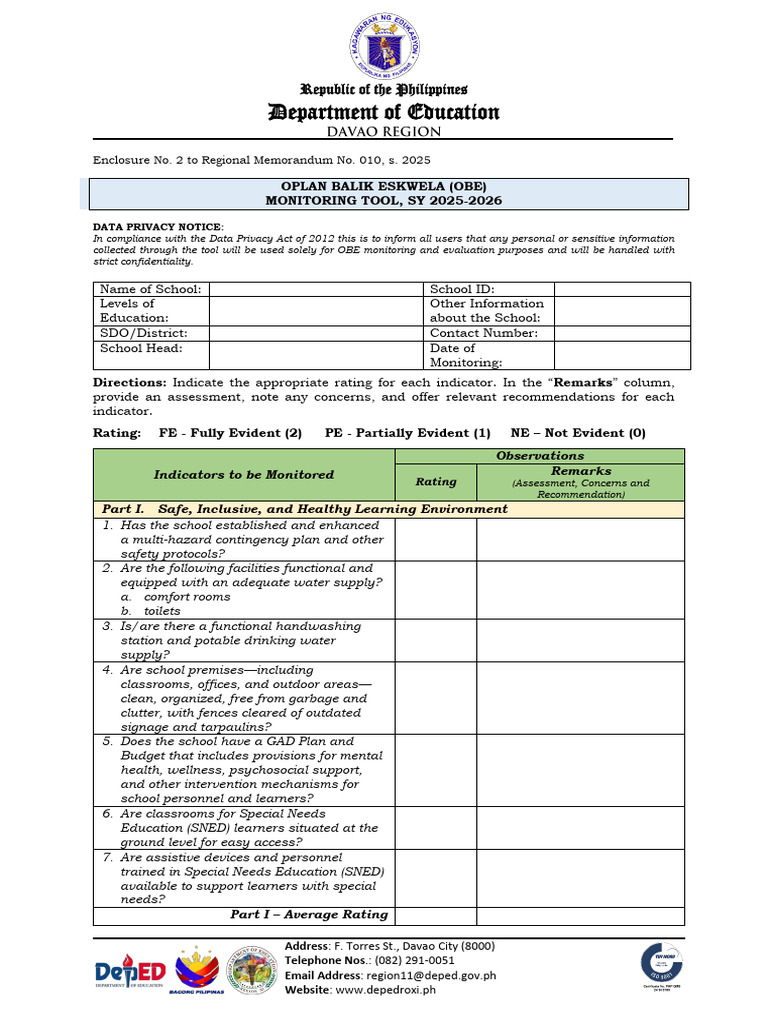 OBE Monitoring Tool for SY 2025-2026 | PDF | Teachers | Schools