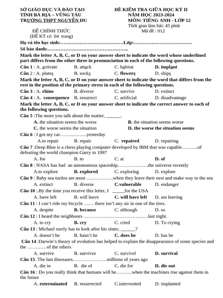 English Test Paper for Grade 12 | PDF | Climate Change | Environmental ...