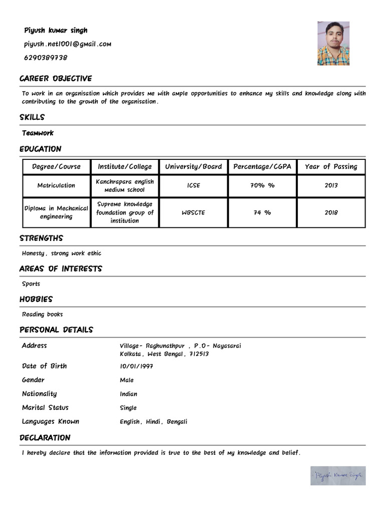 Resume Piyush Kumar Singh Format1 | PDF