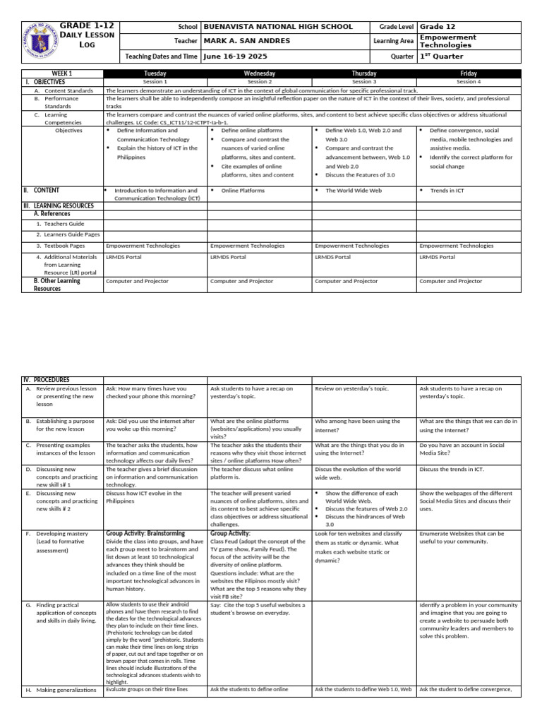 Grade 12 ICT Lesson Plan Overview | PDF | Educational Technology ...
