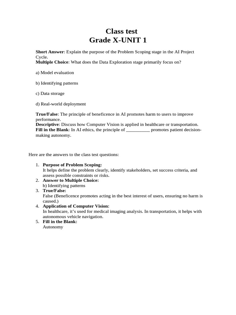 Class Test - Unit 1 - Grade X | PDF