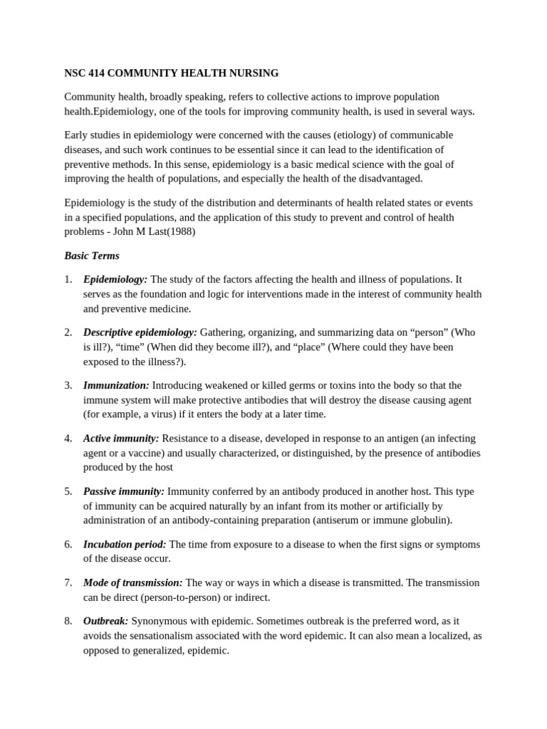 Community Health Nursing and Epidemiology | PDF | Infection | Epidemics