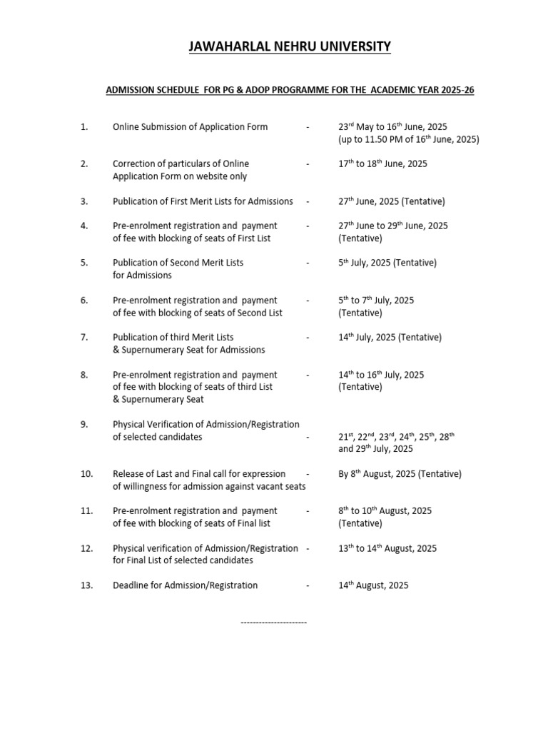 JNU PG Admission Schedule 2025-26 | PDF