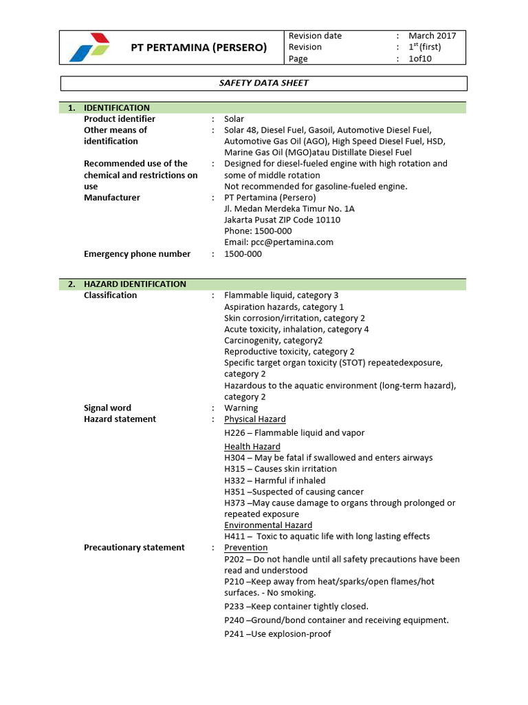 Safety Data Sheet for Solar Diesel Fuel | PDF | Dangerous Goods ...