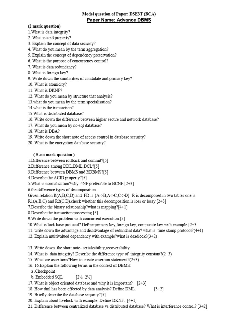 Advanced DBMS Exam Questions Guide | PDF | Databases | Database Transaction