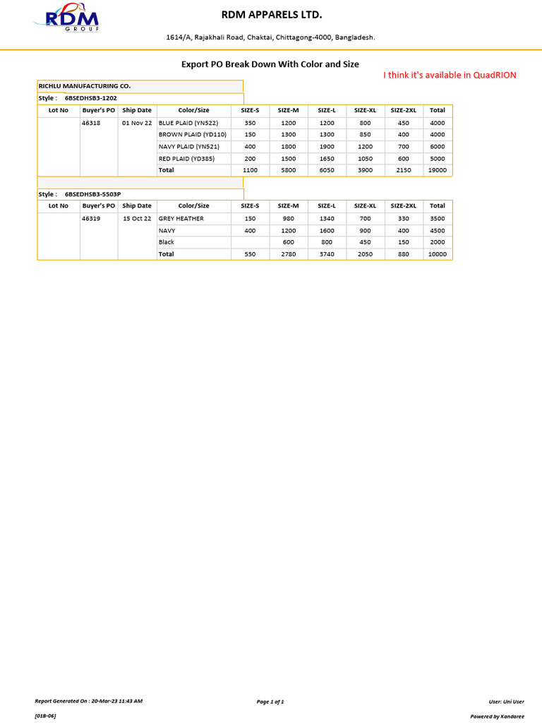 Done May Be Sec A 07 01B 06 Export PO Break Down With Color and | PDF