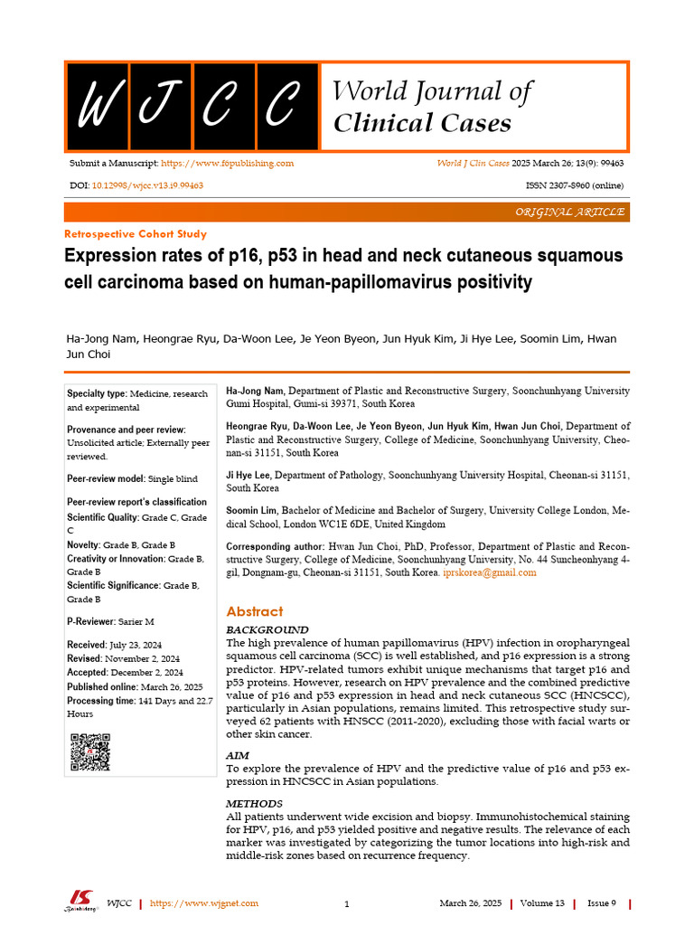 HPV Impact on p16, p53 in HNCSCC Study | PDF | Head And Neck Cancer | P53