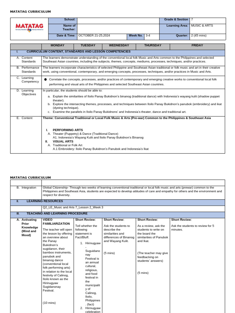 Q2 DLL - Music - Arts 7 - Week 3-4 | PDF | Theatre | Cognitive Science