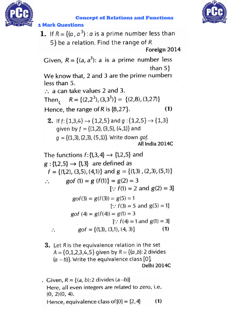 Mathematics - PYP Chapter-Wise - Relations & Functions - 1. Concept of ...