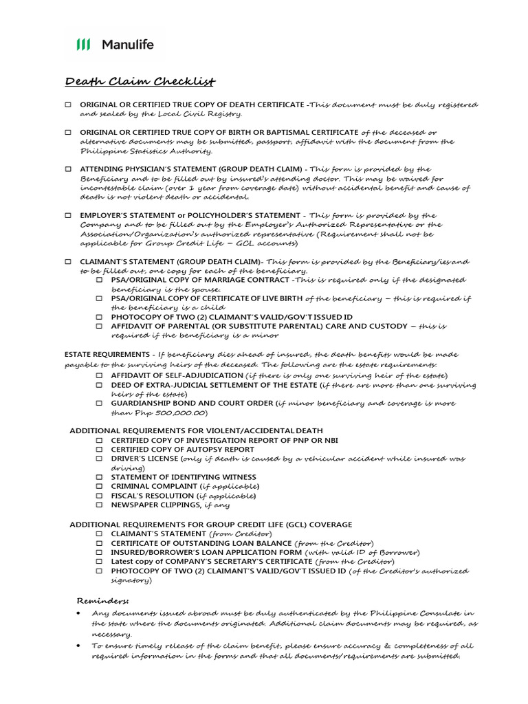 Group Checklist For Group Death Claim | PDF | Insurance | Medical Diagnosis