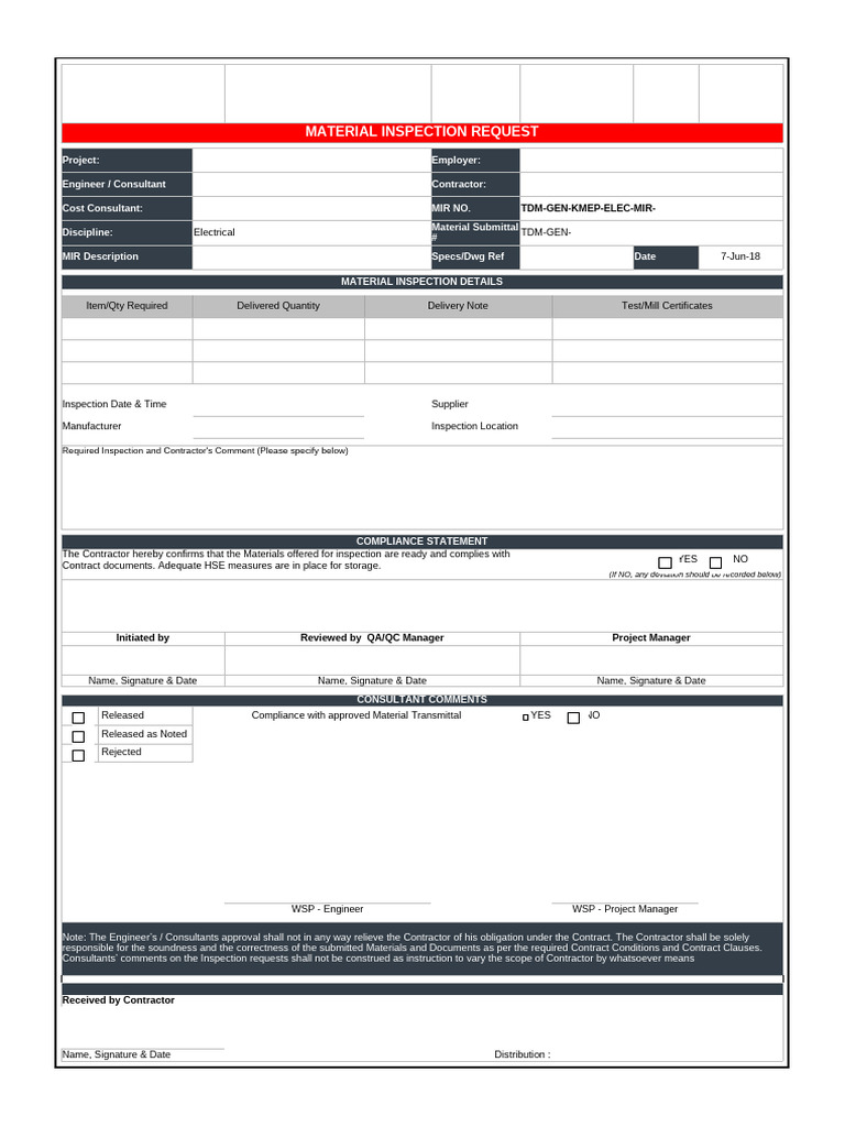 Electrical Material Inspection Request Form | PDF