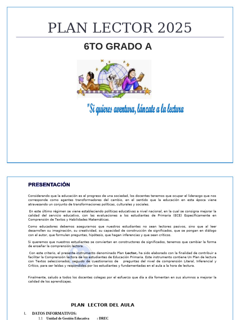 Plan Lector 2025 para Sexto Grado | PDF | Comprensión lectora ...