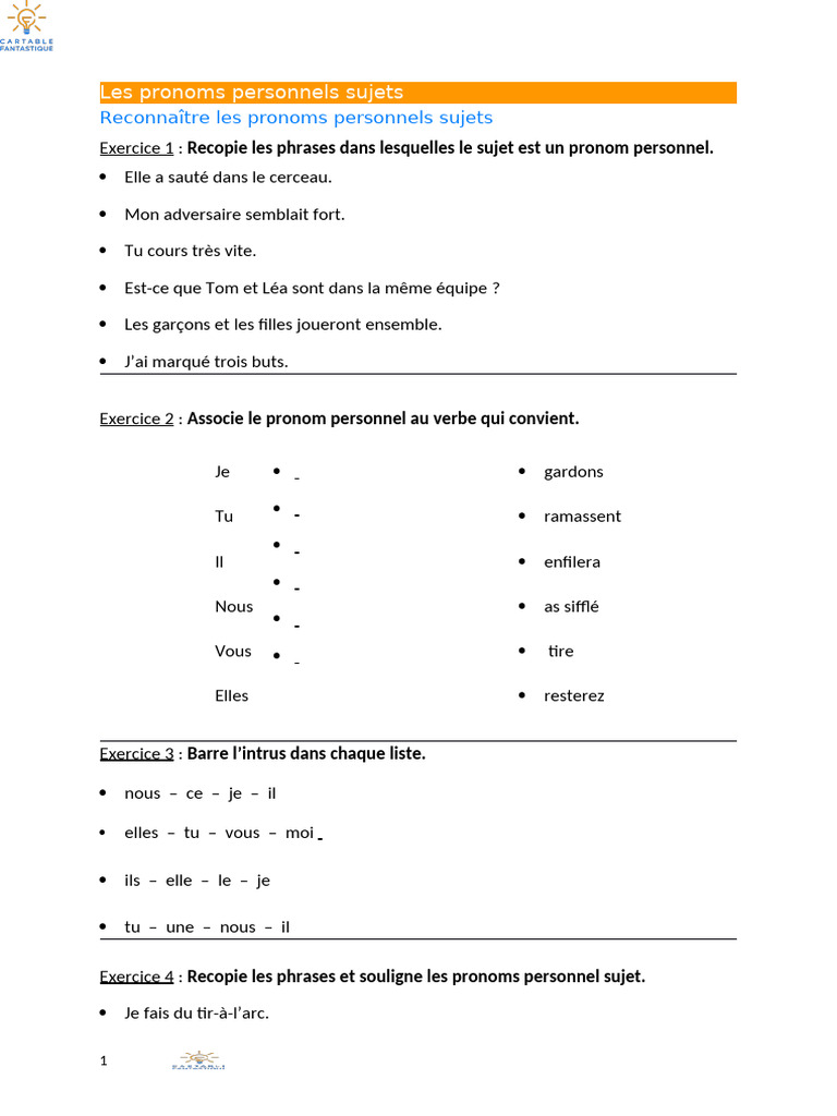 Exercices sur les pronoms personnels sujets | PDF