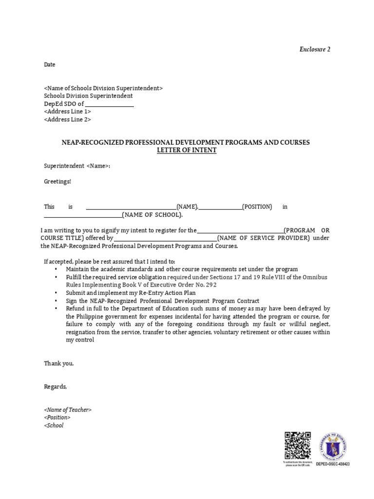Letter of Intent for NEAP Course Registration | PDF