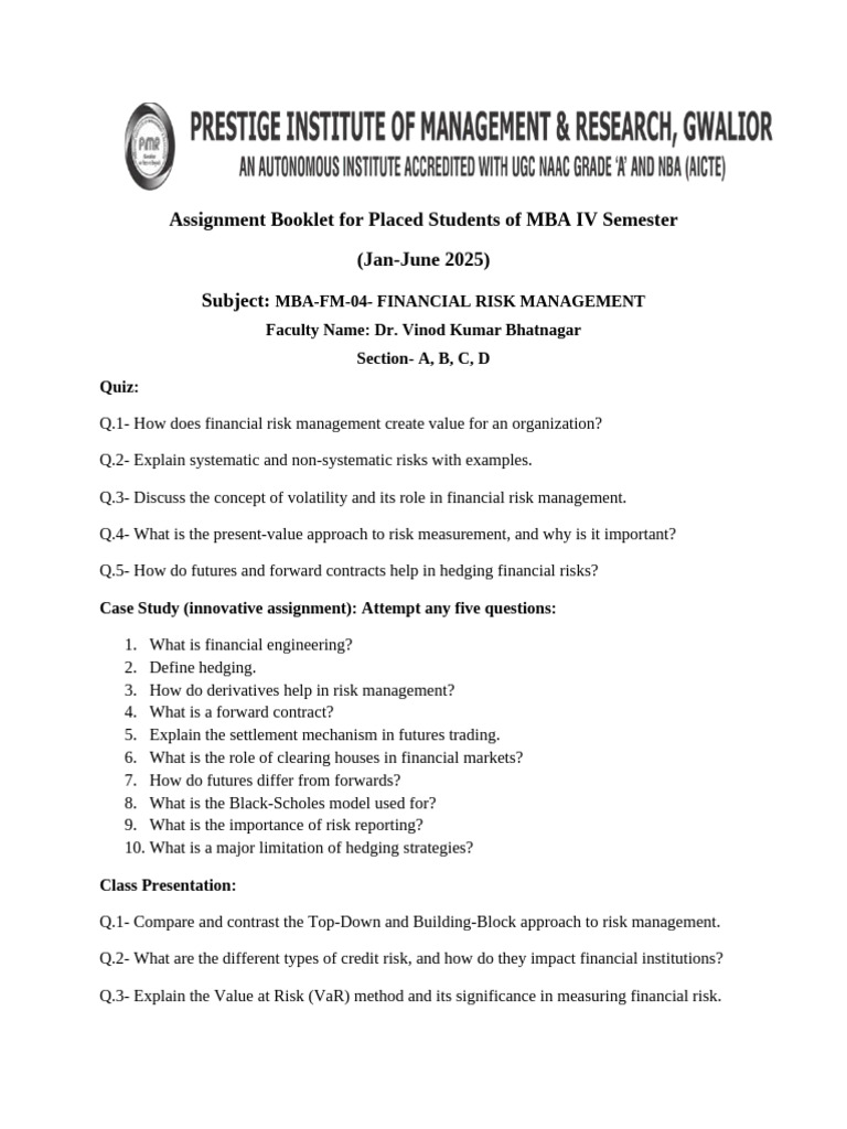 Financial Risk Management Palcement Booklet | PDF