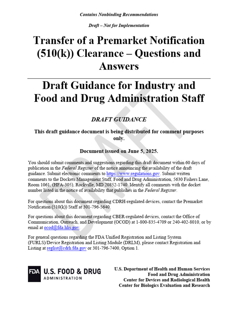 510(k) Clearance Transfer Guidance | PDF | Food And Drug Administration