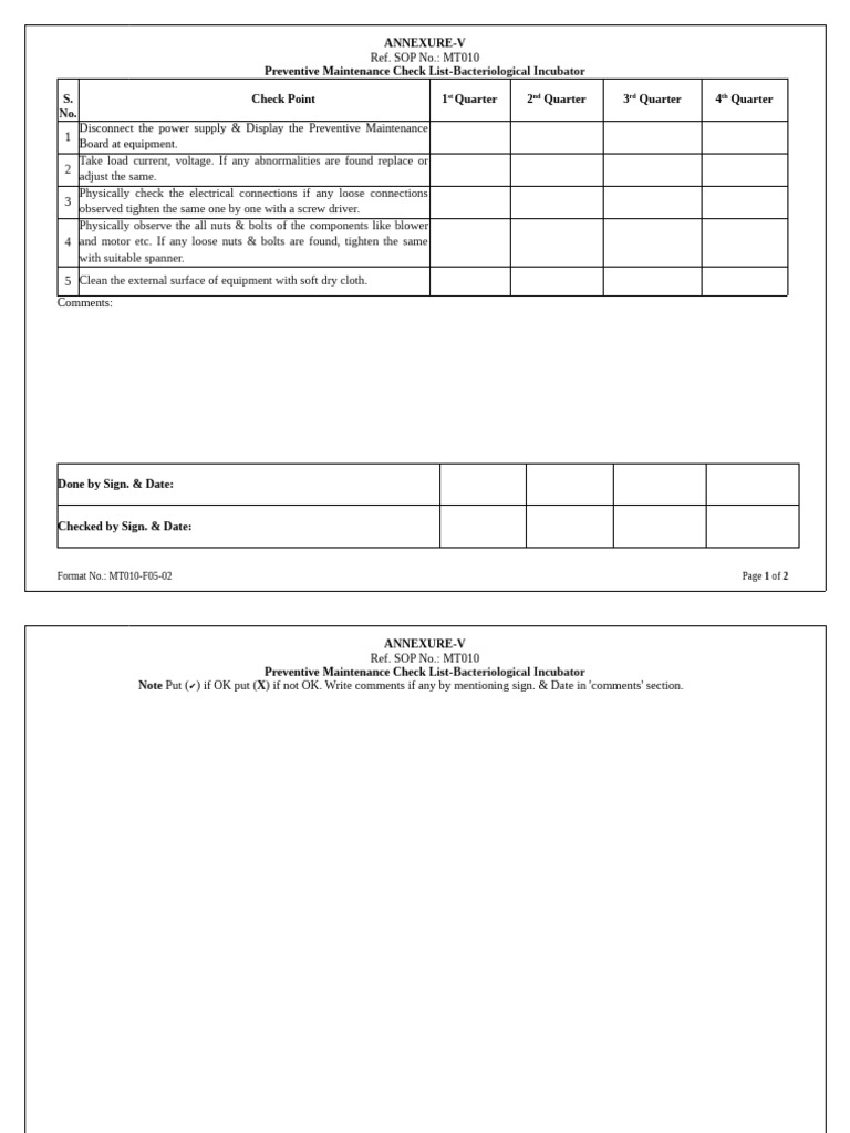 Bacteriological Incubator Maintenance Checklist | PDF