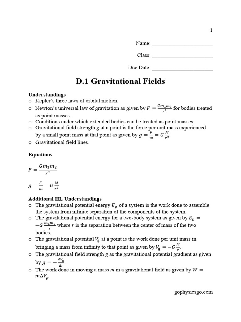 D.1 Gravitational Fields Version 2 | PDF | Mass | Orbit