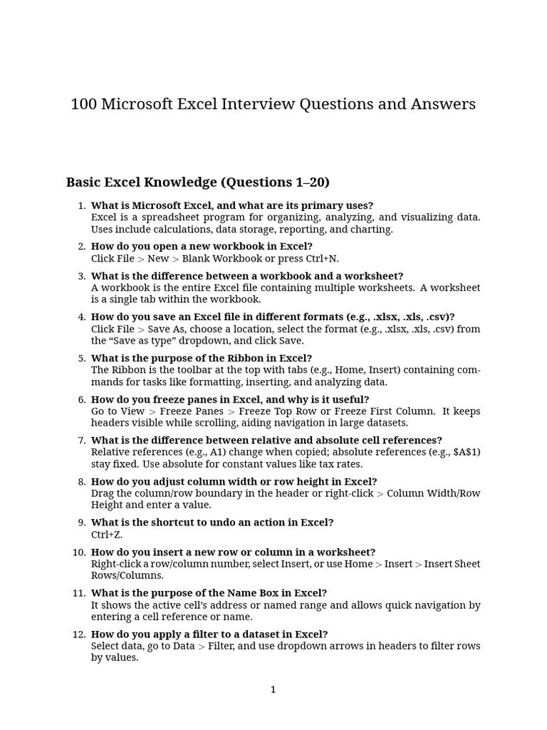 100 Excel Interview Q&A Guide | PDF | Microsoft Excel | Software