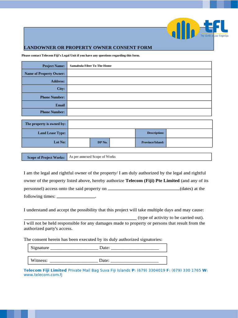 Telecom Fiji Property Owner Consent Form | PDF