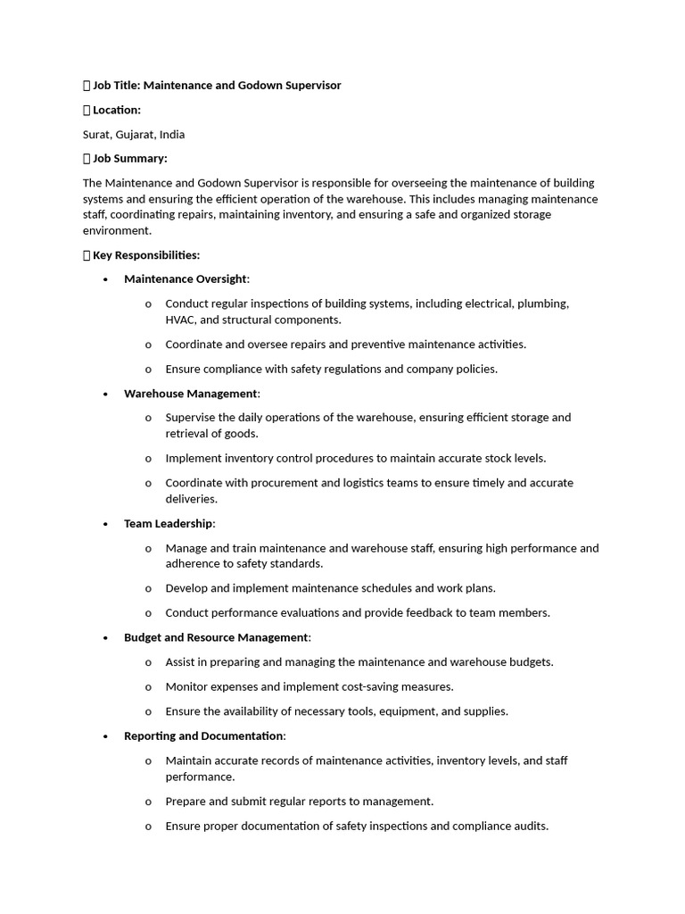 Maintenance and Godown Supervisor JOB | PDF